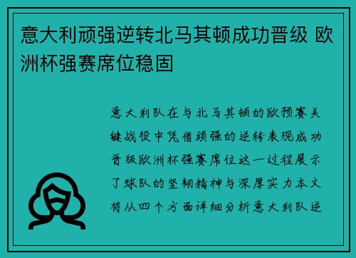 意大利顽强逆转北马其顿成功晋级 欧洲杯强赛席位稳固