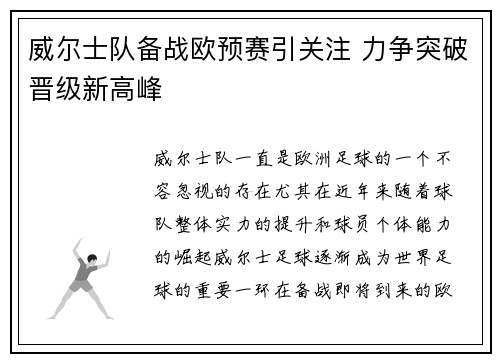 威尔士队备战欧预赛引关注 力争突破晋级新高峰