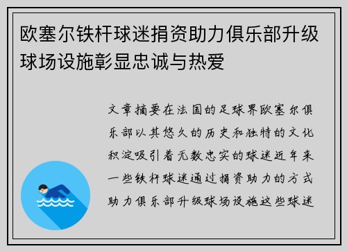 欧塞尔铁杆球迷捐资助力俱乐部升级球场设施彰显忠诚与热爱