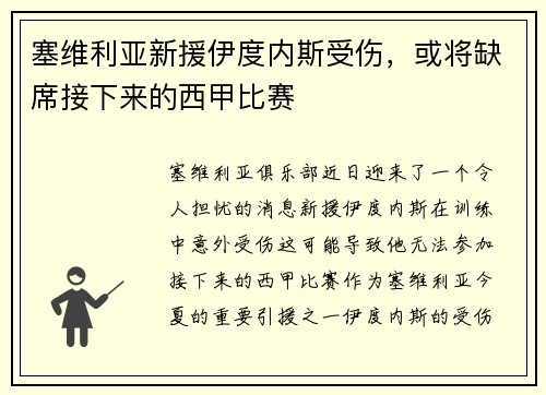 塞维利亚新援伊度内斯受伤，或将缺席接下来的西甲比赛