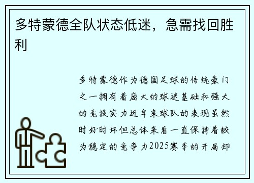 多特蒙德全队状态低迷，急需找回胜利